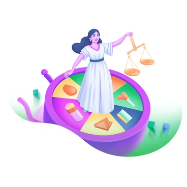 A modern pastel illustration featuring "Themis" depicted as a figure holding a set of scales, standing on a large, colorful spinning wheel. The spinning wheel is divided into sections that represent different aspects of justice, each illustrated with playful icons such as a gavel, a book, and a blindfold. Themis is dressed in flowing robes, and her expression is light-hearted. The background is filled with soft, pastel colors that enhance the playful atmosphere of the scene. The overall composition is bright and engaging, emphasizing the theme of balance in a whimsical way.