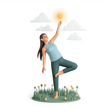 A yogi, wearing a light blue tank top and dark green yoga pants, is in a flexible pose, balancing on one foot with the other leg raised and bent. The yogi has long, flowing hair that cascades down their back. The scene is set in a grassy meadow filled with vibrant green grass and scattered wildflowers in shades of yellow and purple. The sky above is clear with a few fluffy white clouds, and the sun casts soft rays illuminating the yogi's posture.