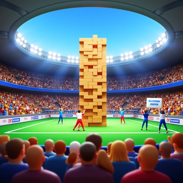 A packed sports stadium filled with enthusiastic spectators. In the center, a large Jenga tower made of wooden blocks stands tall. Participants are nervously pulling out blocks, showing expressions of focus and determination. Bright lights illuminate the scene, highlighting the tension in the air. Banners and flags from different teams adorn the stadium, adding color to the environment. The audience is cheering, with some fans holding signs that say "Go Team!" and "Jenga Champions!"