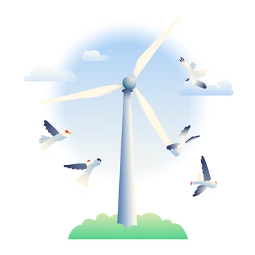 A large wind turbine is standing tall in the center of the image, its blades rotating steadily. Around it is a flock of birds, each in a different position, flying gracefully in various directions. The birds have a mix of colors, including white and gray feathers, and some have black tips on their wings. The sky is bright blue, adorned with a few fluffy white clouds scattered above. Sunlight illuminates the scene, creating soft shadows on the ground below, which is covered in green grass. The overall atmosphere conveys a sense of peaceful coexistence between nature and renewable energy.