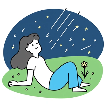 A person lying on green grass in a field, gazing up towards the sky. The night sky is filled with numerous shooting stars streaking across, creating bright trails of light. The person has long hair flowing around them, wearing a simple white t-shirt and blue jeans. Their arms are stretched out beside them, and their expression is calm and reflective, immersed in thought. The surrounding field is dotted with small wildflowers, adding subtle color to the scene.