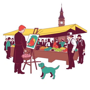 A red-haired artist is painting a vibrant scene at a Victorian-era market. In the foreground, a variety of colorful stalls display fresh fruits and vegetables, with a yellow canopy providing shade. Shoppers in period-appropriate attire, including top hats and bonnets, are examining goods and exchanging coins. A small teal dog is playfully sniffing around the feet of a man holding a basket full of apples. In the background, a tall clock tower stands, casting a shadow over the market as people bustle about, engaged in lively conversations. The atmosphere is filled with the energy and vibrancy of daily life during the Victorian era.