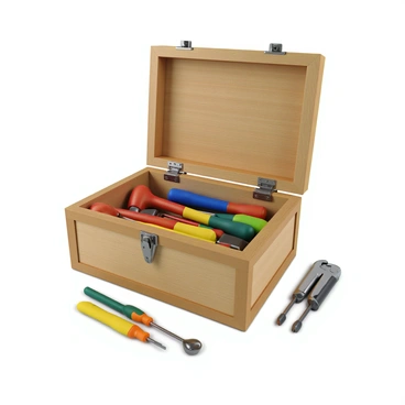 An open toolbox filled with colorful hand tools like hammers and screwdrivers.