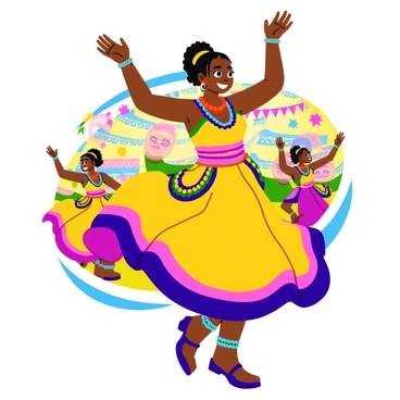 A black girl wearing a colorful traditional African attire that features vibrant patterns and intricate beading. She has her hair styled in beautiful braids, adorned with bright beads and ornaments. The girl is captured mid-dance, with her arms raised high and a big smile on her face, showcasing her joy. The background is filled with festive decorations, including colorful banners and tribal masks, creating a lively atmosphere. Other festival-goers can be seen in similar outfits, celebrating around her.