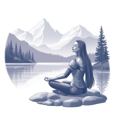 A female warrior is seated in a meditative pose beside a lake. She is wearing intricately designed armor that reflects her strength and skill. The warrior has long flowing hair, and her eyes are closed in deep concentration. The lake is still, with a smooth surface that mirrors the surrounding mountains. Majestic, towering peaks rise in the background, their outlines sharp and defined. The area is dotted with lush greenery, including dense trees and foliage that frame the scene. There are smooth stones lining the edge of the lake, and a gentle breeze creates slight ripples on the water.