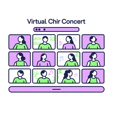 A virtual choir concert is taking place, featuring numerous singers displayed on computer screens arranged in a grid format. Each screen showcases a different singer, all of whom are singing harmoniously together. The singers are dressed in various colorful tops, with some appearing in a well-lit indoor setting and others possibly in their homes. In the background, elements such as shelves, plants, or simple decor enhance the individual settings of each singer. Above the grid of screens, the caption "Virtual Choir Concert" is prominently displayed.