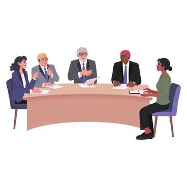 A diverse group of shareholders is gathered at a large conference table during an annual meeting. There are six individuals around the table. On the left, a woman with dark curly hair is wearing a navy blazer and holding a company prospectus in her hands. Next to her, a man with light skin and short brown hair is wearing glasses and a gray suit, looking attentively at the prospectus. In the center, an older man with gray hair and a black suit is speaking, gesturing with his right hand. On the right, a woman with medium skin and straight black hair is wearing a green blouse, taking notes on a notepad. Next to her, a man with dark skin and a beard is dressed in a white shirt and navy tie and is also holding a prospectus. A woman with light skin and red hair is seated at the end of the table, wearing a black dress and smiling as she observes the discussion.