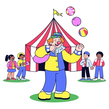 A cheerful clown with a bright red nose and colorful hair is juggling three vibrant balls. The clown is wearing a patchwork outfit with large buttons and oversized shoes. In the background, there is a large carnival tent with stripes of red and white. The ground is covered in grass, and there are a few colorful balloons tied to the tent poles. A small crowd of children is watching the clown with expressions of delight.
