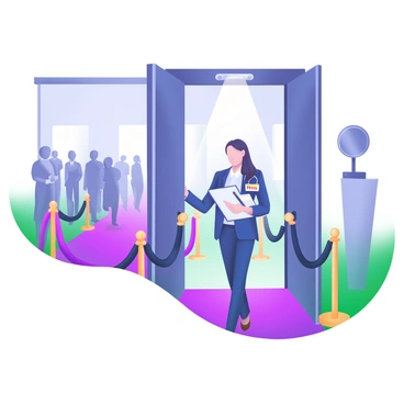 A journalist wearing a professional outfit, holding a notepad and a pen, is approaching a set of elegant double doors. The journalist has a visible "Press" badge hanging around their neck. Surrounding the entrance are black velvet ropes and gold stanchions, creating an exclusive atmosphere. In the background, a crowd of well-dressed attendees is mingling, and a bright spotlight shines down on the entrance, highlighting the significance of the event.