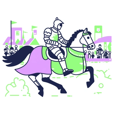 A knight in shining armor is riding a majestic horse during a medieval tournament. The knight is adorned with intricate designs on the armor, reflecting the craftsmanship of the time. The horse is galloping with its mane flowing in the wind, wearing a decorative saddle and bridle. In the background, a crowd of onlookers gathers, some waving flags, while colorful tents and banners are set up around the tournament grounds. The atmosphere is filled with excitement as the knight prepares to participate in the jousting event.