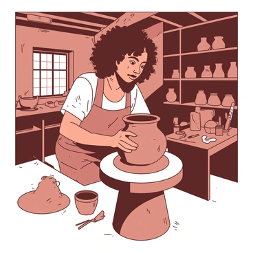 An artisan with curly brown hair is focused on sculpting a traditional clay pot on a pottery wheel in a rustic workshop. The workshop has wooden beams and shelves filled with various clay pots in different stages of completion. Tools for sculpting are neatly arranged on a nearby workbench. The artisan's hands are covered in clay as they shape the pot, with a small mound of clay sitting beside the wheel. Sunlight streams through a small window, casting soft shadows across the floor.