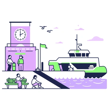 A ferry terminal is depicted during the early hours of the morning, with soft light illuminating the scene. The terminal is bustling with activity as passengers gather, their expressions reflecting anticipation. The first ferry is docked, ready to depart, its ramp extended towards the terminal. Seagulls are flying overhead, and a few people are standing at the edge of the dock, looking out at the water. A large digital clock on the terminal building displays the time. Nearby, there are benches where travelers are seated with bags beside them, enjoying the atmosphere. The water is calm, with gentle waves lapping against the side of the ferry.