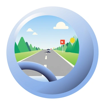 A 3D view of a car's rear view camera is displayed, focusing on the scene behind the vehicle. The camera lens is circular and glossy, reflecting light from the surroundings. In the background, a clear blue sky is visible, dotted with a few fluffy white clouds. Below, a smooth asphalt road stretches behind the car, flanked by green grass and trees on either side. A few distant vehicles can be seen traveling along the road, and the view captures colorful road signs indicating directions. The overall perspective gives a realistic portrayal of the rear view camera's functionality.