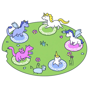 A series of mystic circles drawn on the ground, each circle featuring intricate, geometric patterns. The circles are filled with soft glowing colors such as blue, green, and purple. Surrounding the circles are various magical creatures, including a tiny dragon with shimmering scales, a graceful unicorn with a flowing mane, and a small fairy with translucent wings. The creatures are positioned around the circles, as if emerging from them, with expressions of curiosity and wonder. The setting is a lush, green landscape with patches of colorful flowers.