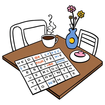 A partially solved crossword puzzle sits on a wooden café table. The puzzle has blue and red ink marks on the clues and answers. Next to it, there is a steaming cup of coffee with a white ceramic design, emitting a swirl of steam above the surface. The table has a light brown finish, and there are subtle shadows cast by the objects on its surface. In the background, there are hints of other café items such as a small vase with flowers and a soft, blurred outline of chairs and patrons.