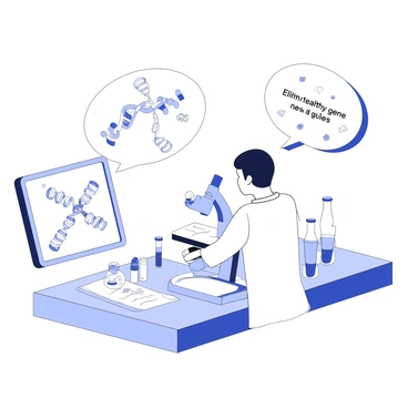 An illustration depicting gene therapy as a potential regulation method for genetic disorders. A laboratory setting is shown, featuring a researcher in a white lab coat examining a DNA strand under a microscope. The DNA strand is depicted with highlighted sections to indicate targeted genes. Nearby, various test tubes and vials are arranged on a laboratory bench, some labeled with symbols representing different genetic disorders. A digital screen displays a diagram of a gene-editing process, illustrating the insertion of new genetic material. Above, a thought bubble contains icons representing healthy cells and eliminating defective genes.