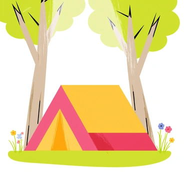 A colorful tent with a red and yellow pattern is set up on a patch of green grass. The tent is surrounded by tall trees with thick trunks and lush green leaves. Sunlight filters through the leaves, casting dappled light on the ground around the tent. A few colorful wildflowers bloom nearby, adding a touch of color to the scene. A gentle breeze causes the leaves to sway, creating a peaceful atmosphere.