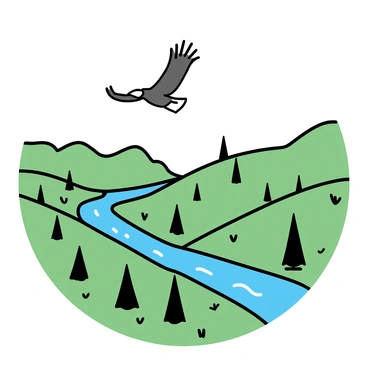 A California condor with a large wingspan soaring high in the sky. Below, a winding river snakes through a lush green valley filled with various trees and shrubs. The river reflects the sunlight, shimmering as it curves along the landscape. The valley is surrounded by distant mountains, partially covered in greenery. The scene captures the natural beauty of the vibrant environment, highlighting the majestic presence of the condor in flight.