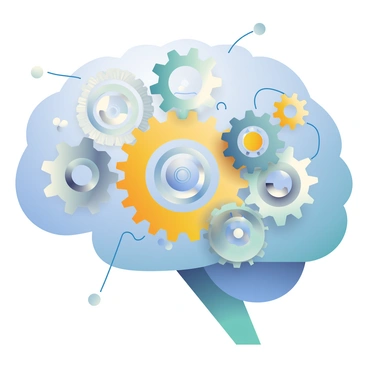 An abstract depiction of AI processing with gears and cogs inside a brain