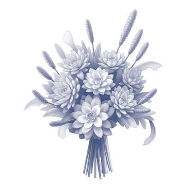 A wedding bouquet composed of a variety of succulents and desert flowers. The bouquet includes several rosette-shaped succulents with distinct textures and patterns. Interspersed among the succulents are elongated desert flowers with intricate details, extending gracefully from the arrangement. The stems of the flowers and succulents are bound together tightly, creating a compact and visually interesting composition. The overall shape of the bouquet is rounded, with a natural, organic flow.