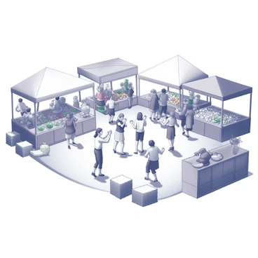 A bustling village square during a harvest festival. Colorful stalls are arranged in a semi-circle, displaying various fruits and vegetables. There are several hay bales scattered around the area, providing seating for festival-goers. A group of people is dancing joyfully, with some clapping their hands and others twirling in celebration. The atmosphere is lively, with people chatting and enjoying the festive environment.