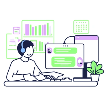 A customer service agent with short hair is sitting at a desk, engaging in a conversation with a customer through a computer screen. The agent is wearing a blue headset and a white shirt, displaying a warm smile. On the desk, there is a green plant in a pot, a notepad, and a pen. The computer screen shows a chat interface with text bubbles containing messages. In the background, there are shelves filled with books and a calendar on the wall.