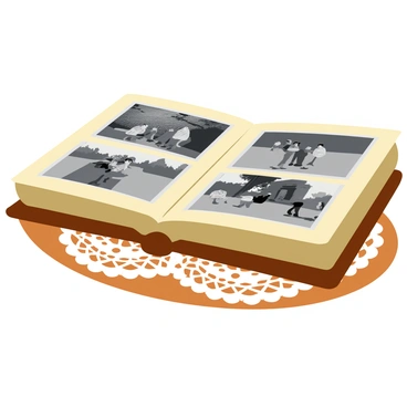 A vintage photo album with a worn leather cover lies open on a wooden table. The pages of the album feature fading black and white photographs of a couple, capturing moments of joy and tenderness. Each picture shows them in different settings, such as a park, a beach, and at a cozy dinner. The edges of the photos are frayed, and a soft light illuminates the album, highlighting the delicate details of the images. A delicate lace doily is placed beneath the album, adding a touch of elegance to the scene.