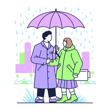 Two strangers are standing close together under a large umbrella during a sudden rainstorm. The umbrella is opened wide, providing shelter from the falling rain. One stranger, a man with dark hair, is wearing a blue raincoat and holding the handle of the umbrella with one hand while looking at the other person. The second stranger, a woman with light brown hair, is dressed in a yellow rain jacket, holding onto the umbrella's edge with her free hand. Rain is visibly falling around them, creating splashes on the pavement. In the background, blurred outlines of city buildings and trees can be seen through the rain.