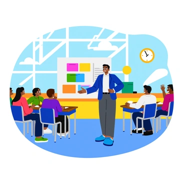 A student standing confidently at a podium giving a presentation on a historical topic for their baccalauréat. The student is wearing a smart-looking outfit, consisting of a blue blazer and a white shirt. Behind them is a large presentation board featuring colorful charts and images related to their topic. The audience, consisting of classmates and teachers, is seated at desks, paying close attention. The classroom is bright, with large windows allowing natural light to illuminate the scene. A clock on the wall shows it is mid-morning. The student's expression is focused and enthusiastic while gesturing towards the presentation materials.