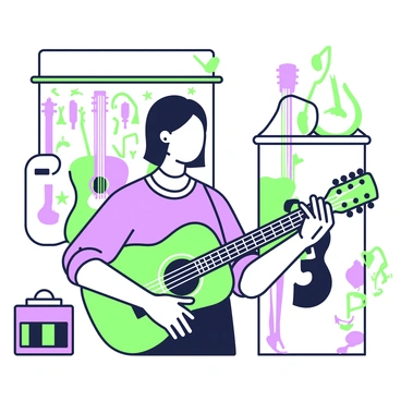 A musician is standing in a music shop surrounded by various guitars. He has shoulder-length hair and is wearing a casual shirt with rolled-up sleeves. He holds a guitar in his hands, strumming to test its sound. Shelves in the background display an assortment of guitars, both electric and acoustic, in various shapes and sizes. There is a wooden display stand showcasing additional instruments, and a small amplifier is placed nearby. The musician appears focused and engaged as he plays.