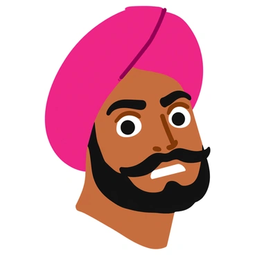 A dramatic portrait of "Gabbar Singh" with a fierce expression on his face. He wears an "iconic turban" that is richly detailed and prominent. His eyes are intense, conveying a sense of power and authority. The background is a simple gradient that accentuates his striking features and dramatic facial expression. The lighting highlights the contours of his face, adding depth to the portrait. He has a rugged appearance, with well-defined facial hair enhancing his fierce look. The overall composition focuses on his head and shoulders, creating an imposing presence.