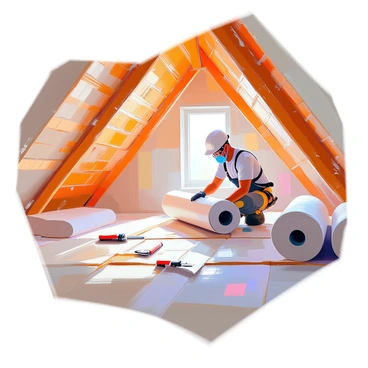 An attic space filled with natural light streaming through a small window. The floor is covered with wooden beams, and rolls of fiberglass insulation are neatly arranged along the edges. A worker with light skin and wearing a safety mask is unrolling the insulation material, carefully laying it between the rafters. The space is cluttered with tools, such as a utility knife and safety goggles, and dust motes are visible in the air. The walls have a rustic texture, showcasing the wooden structure of the house.
