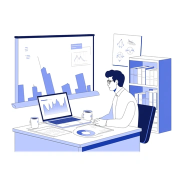 A researcher is seated at a desk in a modern office setting. The desk is cluttered with financial reports, charts, and a laptop displaying market trend graphs. The researcher, a middle-aged individual wearing glasses, is focused on analyzing the data in front of them. To the side, there is a large window showing a city skyline. Shelves in the background hold books on finance and economics. A whiteboard is visible, filled with notes and diagrams related to market analysis. A coffee mug rests on the desk, indicating a long working session.