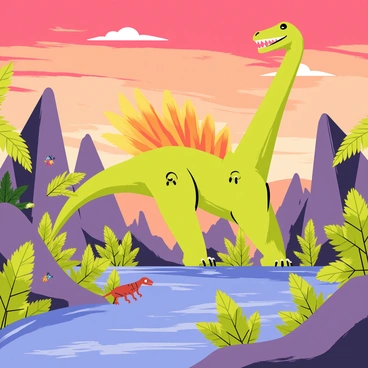 A large spinosaurus with a sail-like structure on its back stands aggressively, showing its sharp teeth. It is facing off against a smaller dinosaur, possibly a velociraptor, with its claws extended and a defensive stance. The prehistoric landscape is filled with towering ferns and jagged rocks, under a sky painted with warm hues of orange and pink, suggesting a setting sun. In the foreground, a river meanders through the scene, reflecting the fiery colors of the sky. Small, colorful insects can be seen buzzing around the plants, adding life to the environment.