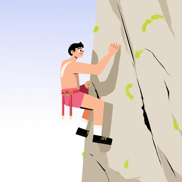 A rock climber with a determined expression is using their strong arms to scale a steep rock face. The climber is wearing a bright red climbing harness and black climbing shoes, gripping onto rough, gray rock. Sunlight casts shadows across the rock face, highlighting the climber's muscles as they reach for the next handhold. Small patches of greenery are visible along the edges of the rock, contrasting with the rocky surface. In the background, a clear blue sky stretches, adding depth to the scene.