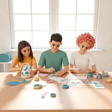 A group of three friends sitting at a wooden workshop table, surrounded by various crafting supplies. One friend, a woman with long brown hair, is painting a colorful ceramic vase with bright blue and yellow patterns. Another friend, a man with short black hair, is cutting colorful paper for a collage, wearing a green t-shirt. The third friend, a woman with curly red hair, is stringing beads onto a piece of wire to create a bracelet, wearing a white shirt. Sunlight is streaming through the large window behind them, illuminating their happy expressions and the vibrant crafts scattered across the table.