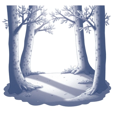 A forest glade surrounded by tall trees with intricate bark textures. The ground is covered with a layer of fallen leaves and soft moss, creating a textured surface. Sunlight filters through the branches, casting dynamic patterns of light and shadow across the glade. A few delicate wildflowers are scattered throughout, adding variety to the natural scene. The trees stand tall with their leaves creating a canopy above, enhancing the tranquility of the setting.