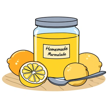 A glass jar filled with golden-yellow homemade citron marmalade, showcasing a thick, glossy texture. The jar has a metal lid tightly closed, and a small label on the front that reads "Homemade Citron Marmalade" in handwritten style. A shiny silver spoon rests against the side of the jar, partly submerged in the marmalade. Surrounding the jar are several fresh citrons, their bright yellow skin slightly textured, with some rough patches. The citrons are arranged on a light wooden surface, creating a warm and inviting composition. A few citrons are cut in half, revealing their juicy, segmented interior.