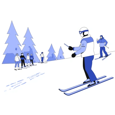 A ski instructor is positioned at the top of a snowy slope, facing a group of beginners. The instructor is wearing a ski jacket with visible branding and ski goggles resting on their helmet. The group consists of several individuals, each with different ski gear, nervously standing on their skis. In the background, tall snow-covered pine trees line the slope, and the sky is clear. The instructor is demonstrating a skiing technique, pointing down the slope while some beginners look up attentively. The snow beneath them is freshly groomed, with ski tracks visible leading down the slope.