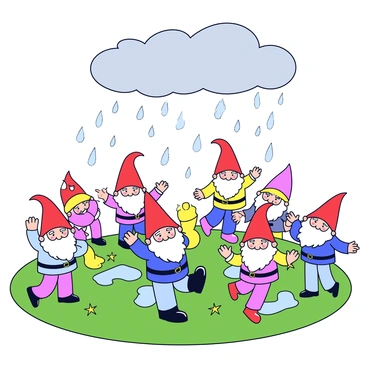 A colorful garden filled with vibrant flowers and lush green grass. Several garden gnomes with distinct characteristics, wearing pointy red hats and colorful outfits, are positioned throughout the scene. Some gnomes are standing on one leg, while others have their arms raised, creating the appearance of dancing. Raindrops are visibly falling from the grey clouds above, creating small puddles on the ground. The gnomes are surrounded by droplets that glisten in the light, adding a lively touch to the scene.
