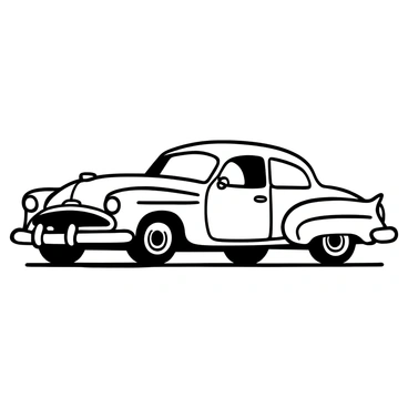 A classic vintage car from the 1950s, featuring smooth, elegant curves and sleek contours. The car is positioned at a slight angle to showcase its streamlined shape. There are prominent details such as chrome bumpers and intricate headlights, all outlined in clean lines. The background is simple, highlighting the car's design without distractions. Minimal shading is applied to emphasize the contours and form of the vehicle.