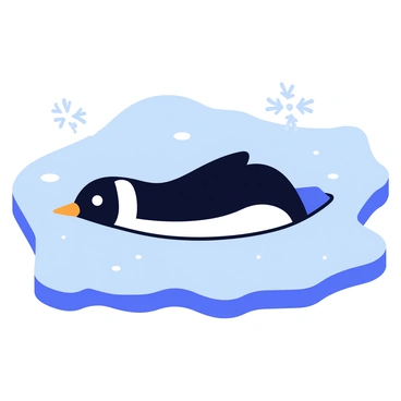 A black and white penguin sliding smoothly over a shiny patch of ice. The penguin has a streamlined body and flippers extended out for balance. The icy surface is glistening under a clear blue sky, with a few scattered white snowflakes in the background. The scene captures the motion of the penguin as it glides effortlessly across the ice.