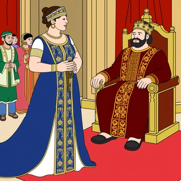 Queen Esther stands confidently before King Xerxes. She wears an elaborate royal gown adorned with intricate golden embroidery, featuring a deep blue color that flows elegantly to the ground. Her hair is styled in an elegant updo, and a sparkling royal crown rests upon her head. In her hands, she holds a scepter, symbolizing her authority. King Xerxes is seated on an ornate throne, wearing a richly decorated robe with shades of crimson and gold. He has a stern yet intrigued expression as he gazes at Esther. The royal court surrounds them, with attendants in colorful garments watching the scene unfold. A grand backdrop of silk tapestries and golden accents adds to the opulence of the setting.