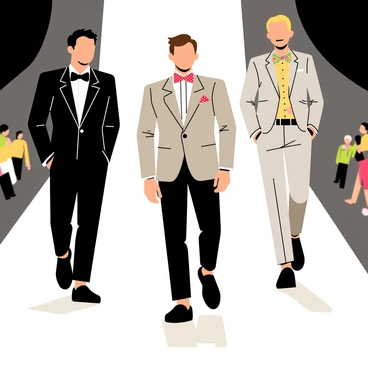 Models on a runway wearing various styles of bow ties