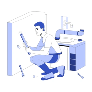 A plumber fixing pipes using wrenches and a pipe cutter in a bathroom.