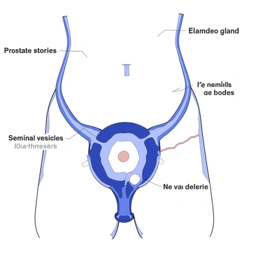 A detailed illustration of the male reproductive system. The image features the external genitalia, including the penis and scrotum. Inside the body, the prostate gland is prominently shown, located just below the bladder. The testes are depicted within the scrotum, displaying their shape and the blood vessels connecting them. The image also includes the seminal vesicles and the vas deferens, illustrating their pathways in relation to the prostate and testes. Each component is labeled clearly for educational purposes.