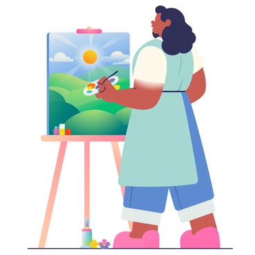 An artist with olive skin and curly black hair is standing in front of an easel. In her right hand, she is holding a colorful palette filled with bright paints. She is wearing a light blue apron over a white shirt. The canvas before her depicts a vibrant landscape featuring rolling green hills, a bright blue sky, and a radiant sun. The artist is using a brush in her left hand to apply bold strokes of color to the canvas, capturing the beauty of the scene. There are paintbrushes and tubes of paint scattered on the ground around her, and a few colorful flowers are blooming nearby.