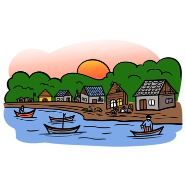 A tranquil Korean fishing village at dawn, with soft sunlight illuminating the scene. The sky is painted in hues of orange and pink as the sun rises. Small fishing boats are lined up along the shore, with fishermen busy preparing their nets and equipment. Some boats are gently bobbing in the water, reflecting the colors of the sky. Traditional wooden houses with tiled roofs are visible in the background, surrounded by lush greenery. The atmosphere is peaceful, showcasing the daily rhythm of village life as the day begins.