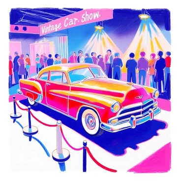 A classic car with a glossy red finish is prominently displayed on a stage. The car features chrome details, sleek curves, and whitewall tires. It is illuminated by a bright spotlight that highlights its polished surface and intricate design. Surrounding the car, there are simple velvet ropes marking the boundaries of the display area. In the background, blurred figures of attendees admire the car, while a banner overhead reads “Vintage Car Show.”