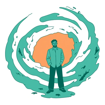 A teal man is standing calmly in the center of the eye of a hurricane. The sky above him is a contrasting orange, swirling with dynamic clouds. Around him, the outer bands of the hurricane are visible, creating a chaotic backdrop in motion. The ground beneath the man is dry and stable, contrasting sharply with the turbulent winds around the edges of the eye. The man's expression is serene, reflecting the unusual calmness in the center of the storm.